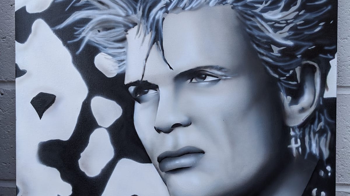 Billy Idol spray paint canvas art portrait by Jaksta Art Swindon