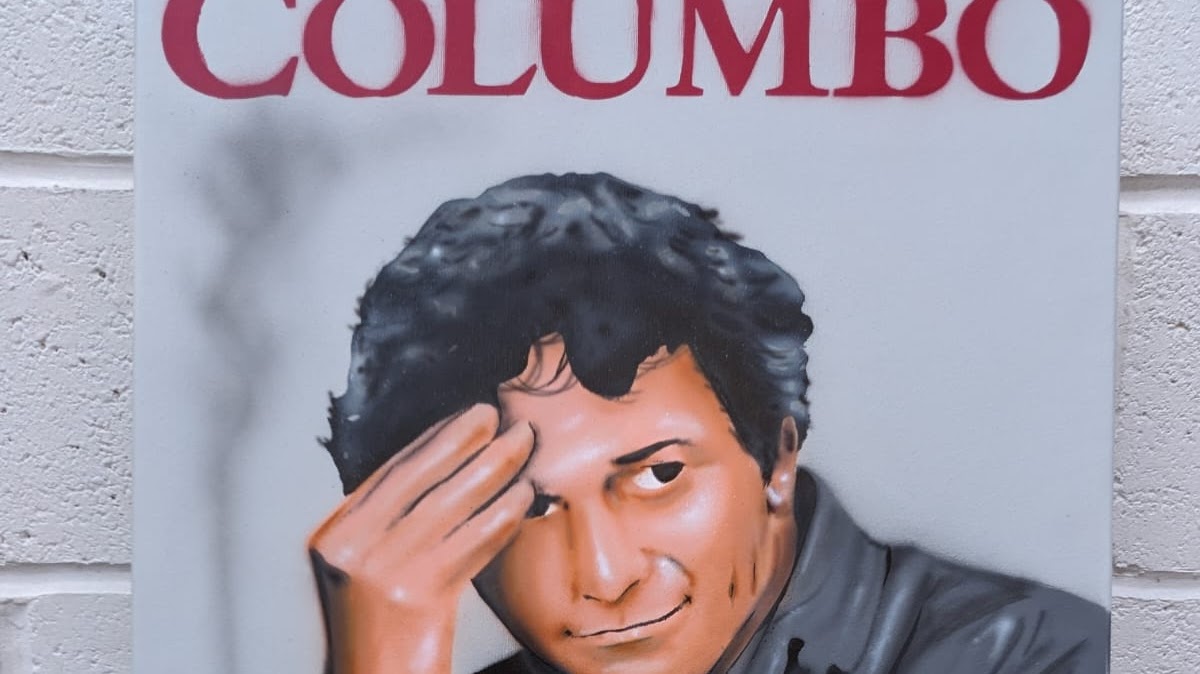 Columbo spray paint canvas art portrait by Jaksta Art Swindon
