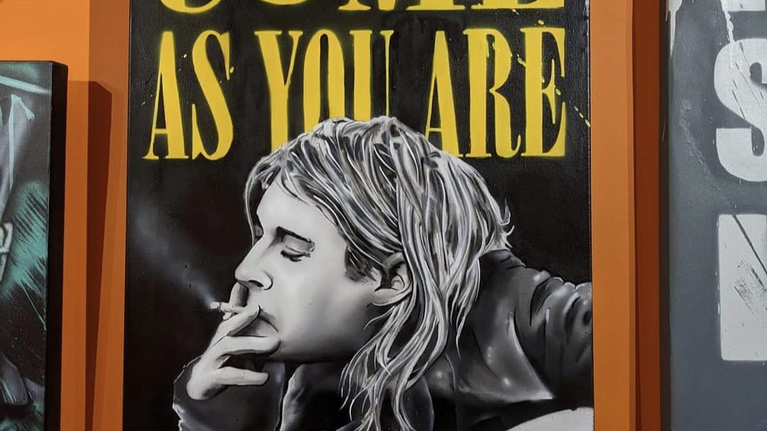 Kurt Cobain Nirvana spray paint canvas art portrait by Jaksta Art Swindon